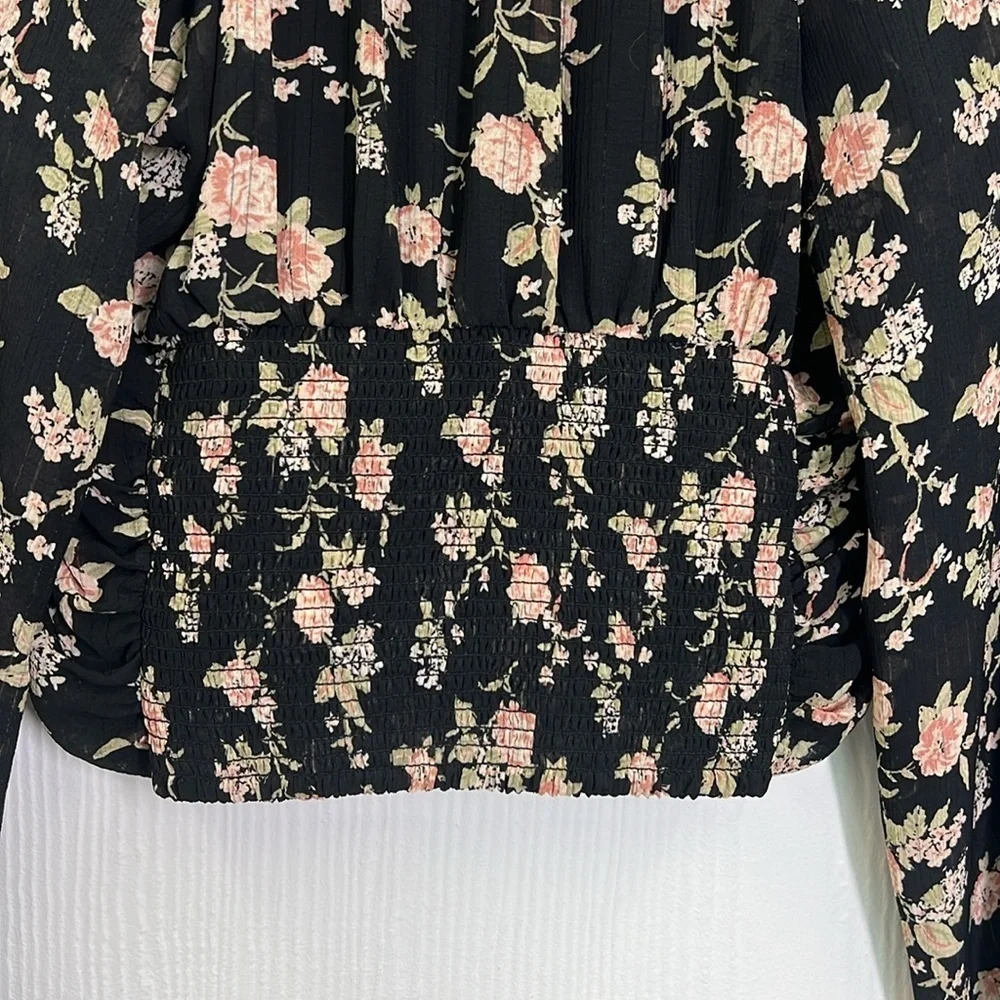 Free People - Final Rose Black Ruched Smocked Long Sleeve Blouse Size Small